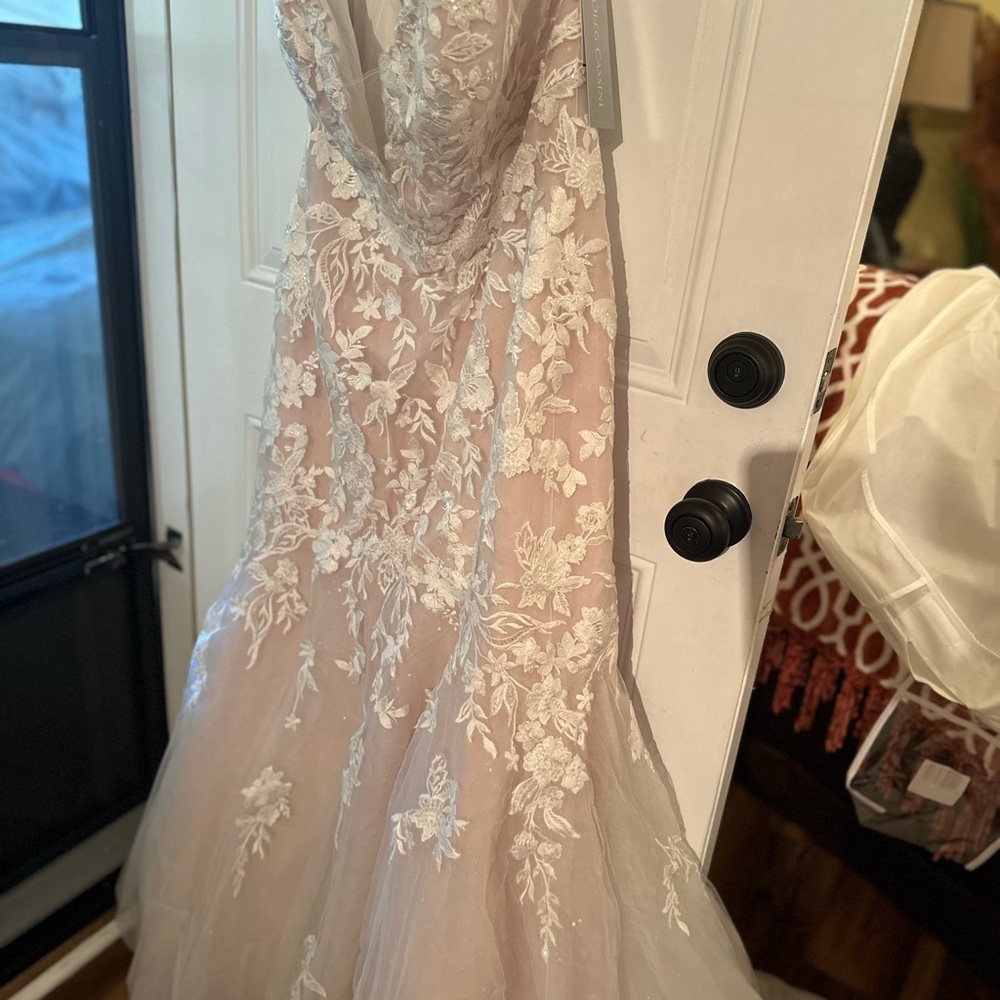 Strapless Floral Lace Tulle Gown in Blush